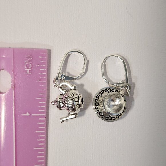 VTG 925 Teapot and Cup & Saucer Dangle Zircon Leverback Earrings - Picture 14 of 14